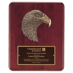 Rosewood Piano Finish Plaque with Finely Detailed Bronze Eagle Head Casting with Black Laserable Brass 10 1/2" x 13" Plate