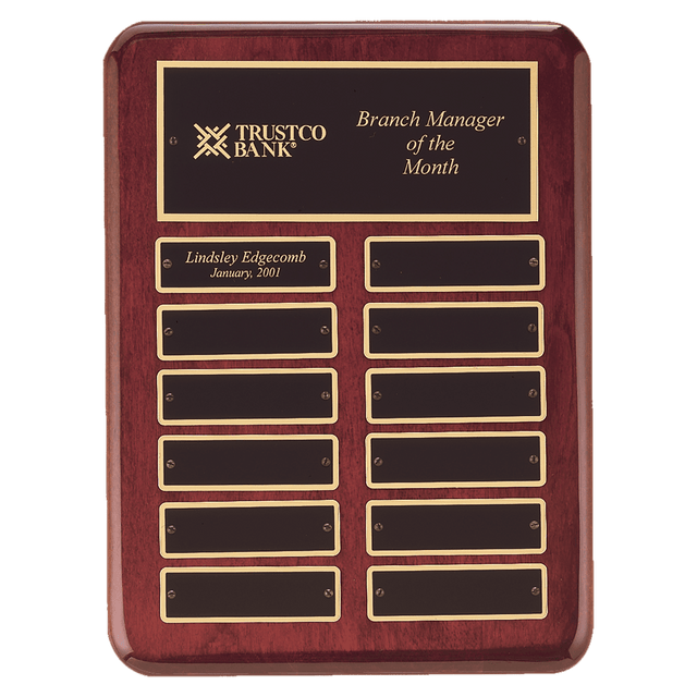 9" x 12" Rosewood Piano Finish 12 Perpetual Plates Plaque with Laserable Black Brass Plates