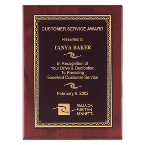 8" x 10" Airflyte Premium Rosewood Piano Finish Plaque with Gold Florentine Border Laserable Black Brass Plate