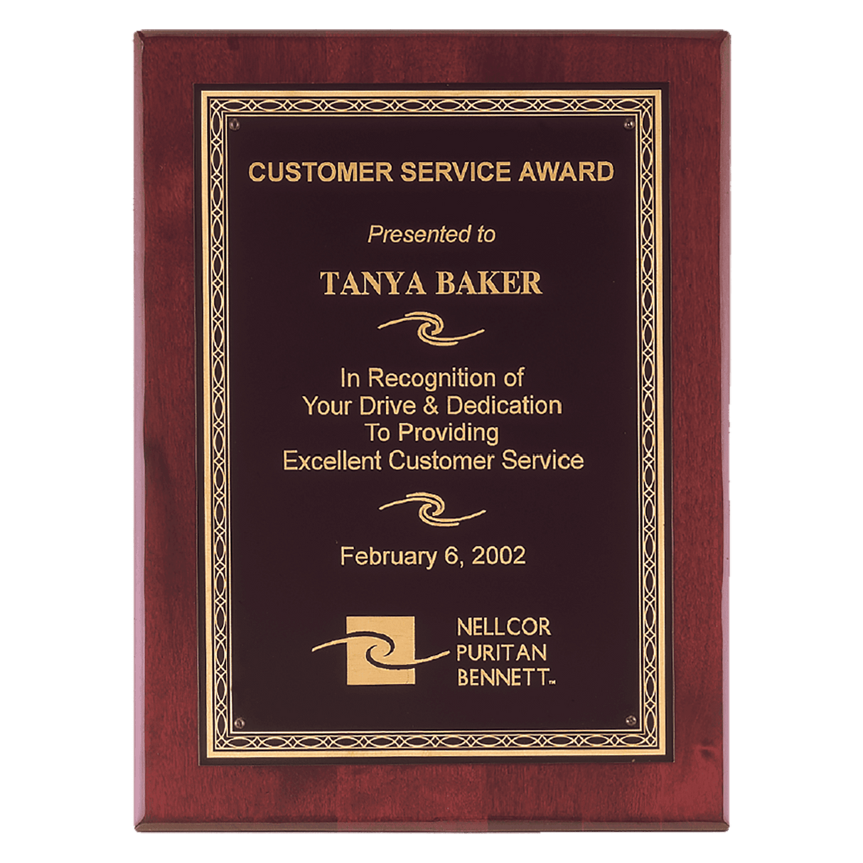 9" x 12" Airflyte Premium Rosewood Piano Finish Plaque with Gold Florentine Border Laserable Black Brass Plate