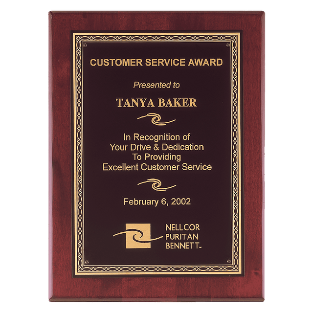 9" x 12" Airflyte Premium Rosewood Piano Finish Plaque with Gold Florentine Border Laserable Black Brass Plate