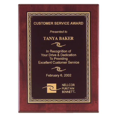 Rosewood Piano Finish Plaque with Gold Florentine Laserable Black Brass 11" x 14" Airflyte Premium Plate