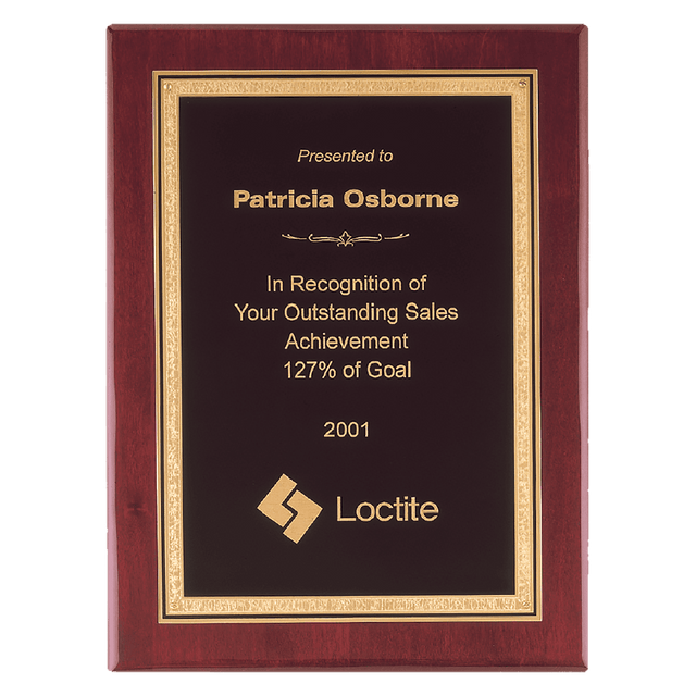 7" x 9" Airflyte Premium Rosewood Piano Finish Plaque with Gold Border FLorentine Border Black LaserFX Plate
