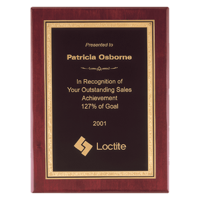8" x 10" Airflyte Premium Rosewood Piano Finish Plaque with Gold Florentine Border Black LaserFX Plate