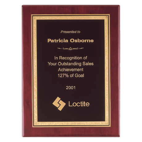 9" x 12" Airflyte Premium Rosewood Piano Finish Plaque with Gold Florentine Border Black LaserFX Plate