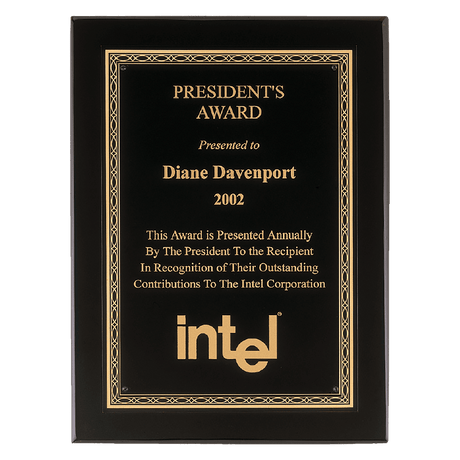9" x 12" Airflyte Premium Black Piano Finish Plaque with Gold Florentine Border Laserable Black Brass Plate