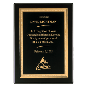 8" x 10" Airflyte Premium Black Piano Finish Plaque with Gold Florentine Border LaserFX Plate