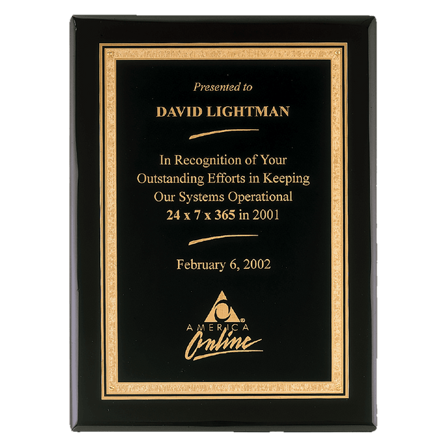 9" x 12" Airflyte Premium Black Piano Finish Plaque with Gold Florentine Border LaserFX Plate