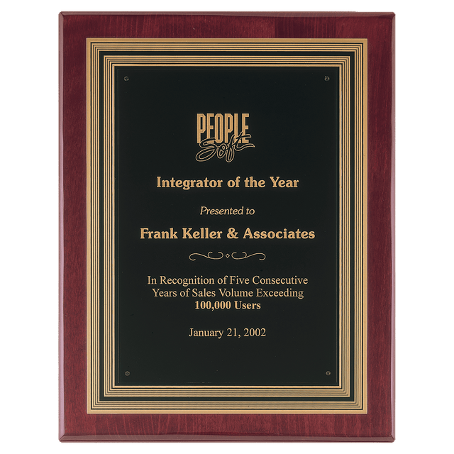11" x 14" Rosewood Piano Finish Plaque, Black/Gold Embossed Back Plate & Black Brass Plate
