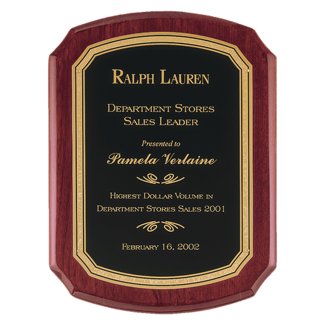 8" x 10 1/2" Airflyte Rosewood Piano Finish Plaque with Black/Gold Florentine Border LaserFX Plate