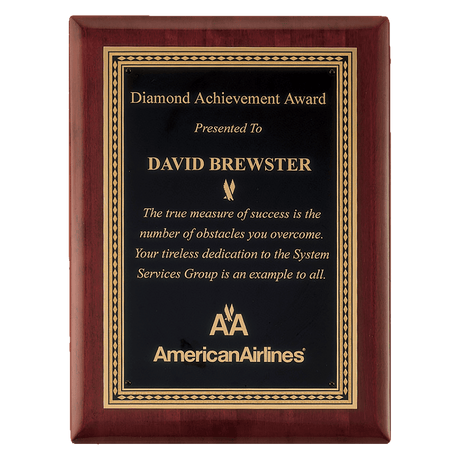 9" x 12" Airflyte Premium Rosewood Piano Finish Plaque with Gold Border Black LaserFX Plate