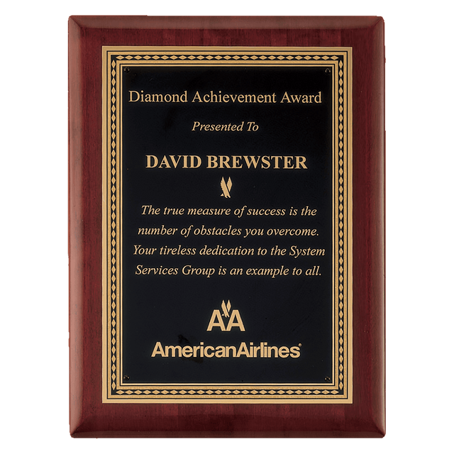 9" x 12" Airflyte Premium Rosewood Piano Finish Plaque with Gold Border Black LaserFX Plate