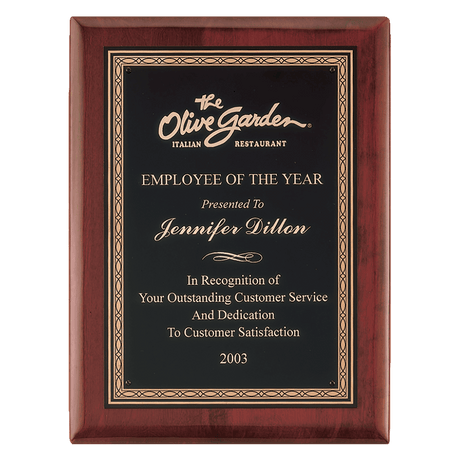 10 1/2" x 13" Airflyte Premium Rosewood Piano Finish Plaque with Gold Border Black Laserable Brass Plate