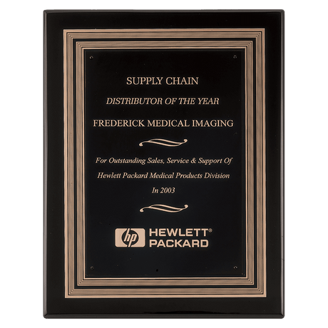Black Piano Finish Plaque w/Black/Gold Embossed Back Plate & Black Brass 11" x 14" Plate