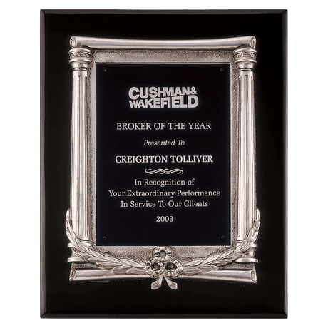 10 1/2" x 13" Black Piano Finish Plaque, Antique Silver Frame Casting & Black Aluminum Plate