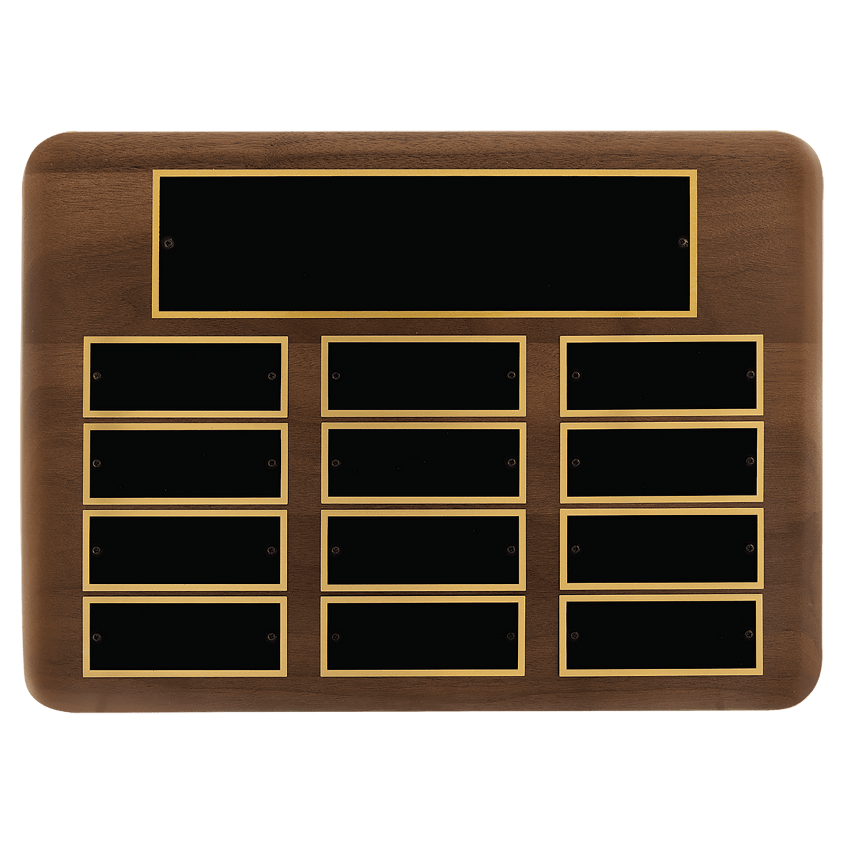 11" x 15"/Plates 1 1/2" x 3 3/4" American Walnut 12 Plate Perpetual Plaque with Black Brass Plates
