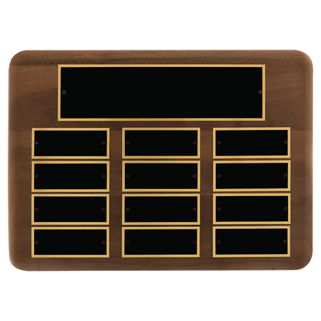 11" x 15"/Plates 1 1/2" x 3 3/4" American Walnut 12 Plate Perpetual Plaque with Black Brass Plates