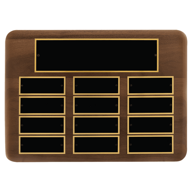 Walnut 12 Plate Perpetual Plaque with Black Brass 11" x 15"/Plates 1 1/2" x 3 3/4" American Plates