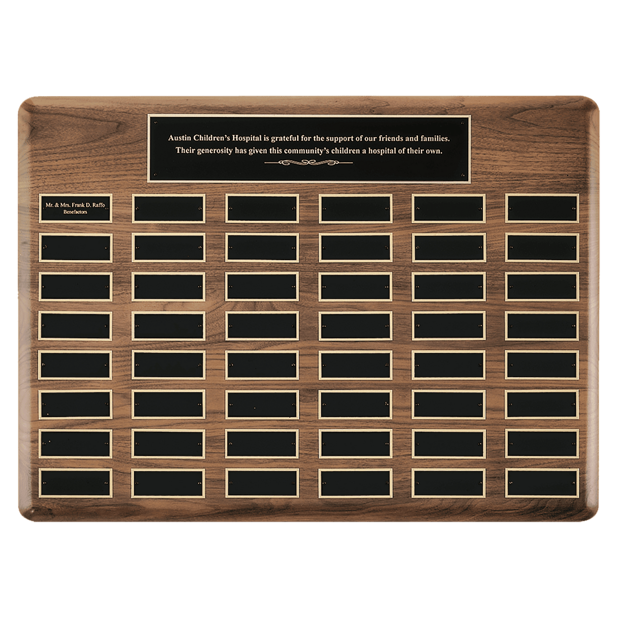 20" x 30"/Plates 1 1/2" x 3 3/4" American Walnut 48 Plate Perpetual Plaque with Black Brass Plates