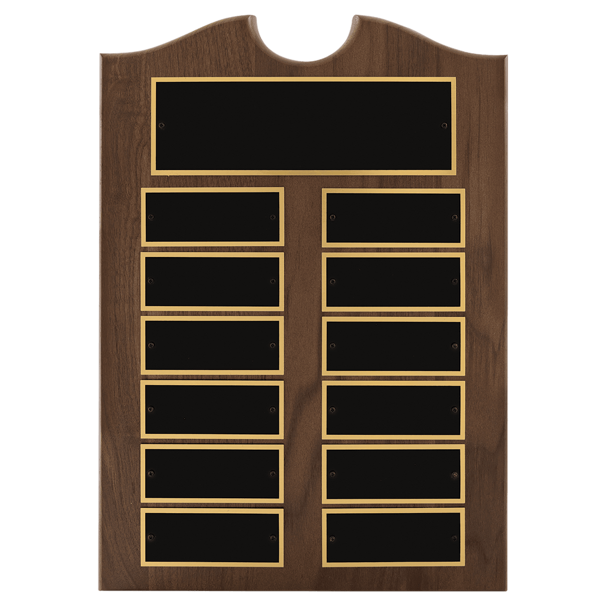 Walnut 12 Plate Perpetual Plaque with Black Brass 2 11" x 15"/Plates 1 1/2" x 3 3/4" American Plates