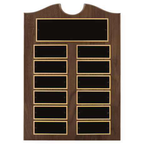 Walnut 12 Plate Perpetual Plaque with Black Brass 2 11" x 15"/Plates 1 1/2" x 3 3/4" American Plates