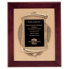 14" x 17" Rosewood Piano Finish Frame with Antique Bronze Casting          with Black LaserFX Plate on Brushed Gold Metal Background