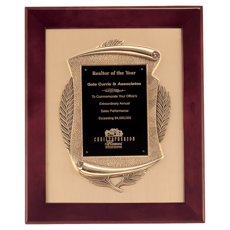 14" x 17" Rosewood Piano Finish Frame with Antique Bronze Casting          with Black LaserFX Plate on Brushed Gold Metal Background