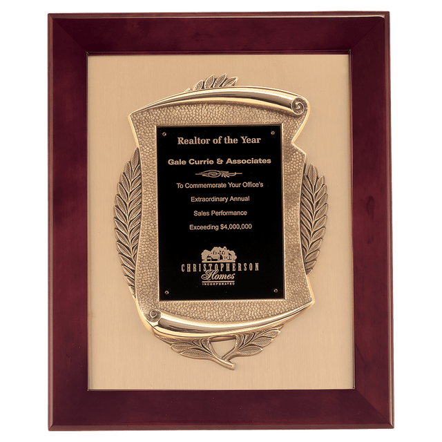 14" x 17" Rosewood Piano Finish Frame with Antique Bronze Casting          with Black LaserFX Plate on Brushed Gold Metal Background