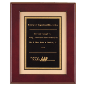 12" x 15" Rosewood Piano Finish Frame with Black LaserFX Plate on Brushed Gold Metal Background