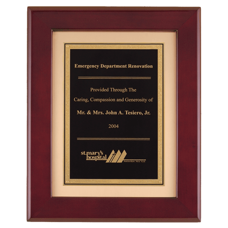 12" x 15" Rosewood Piano Finish Frame with Black LaserFX Plate on Brushed Gold Metal Background