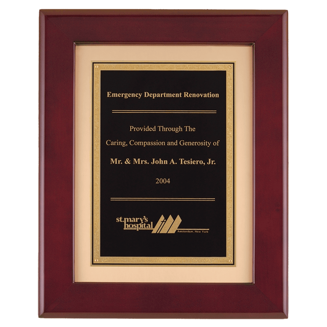 12" x 15" Rosewood Piano Finish Frame with Black LaserFX Plate on Brushed Gold Metal Background