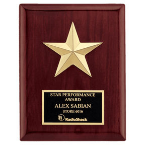 6" x 8" Star Casting with Gabled Points and Goldtone Finish on a Rosewood Piano Finish Plaque with a Black Laserable Plate