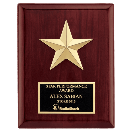 6" x 8" Star Casting with Gabled Points and Goldtone Finish on a Rosewood Piano Finish Plaque with a Black Laserable Plate