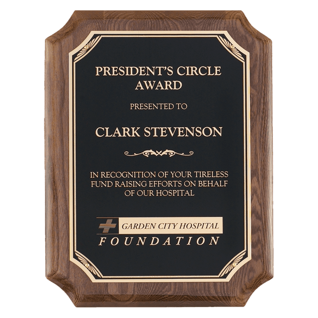 8" x 10" Airflyte Walnut Piano Finish Plaque with Gold Florentine Border Black LaserFX Plate
