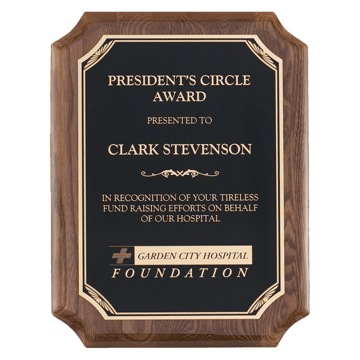 9" x 12" Airflyte Walnut Piano Finish Plaque with Gold Florentine Border Black LaserFX Plate