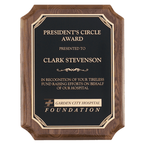9" x 12" Airflyte Walnut Piano Finish Plaque with Gold Florentine Border Black LaserFX Plate