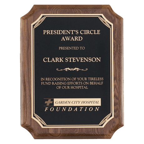 9" x 12" Airflyte Walnut Piano Finish Plaque with Gold Florentine Border Black LaserFX Plate