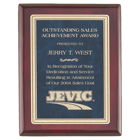 9" x 12" Rosewood Piano Finish Plaque with a Sapphire Marble/Gold Florentine Design LaserFX Plate