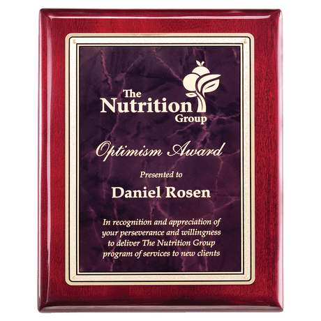 9" x 12" Rosewood Piano Finish Plaque with Ruby Marble/Gold Florentine Design LaserFX Plate