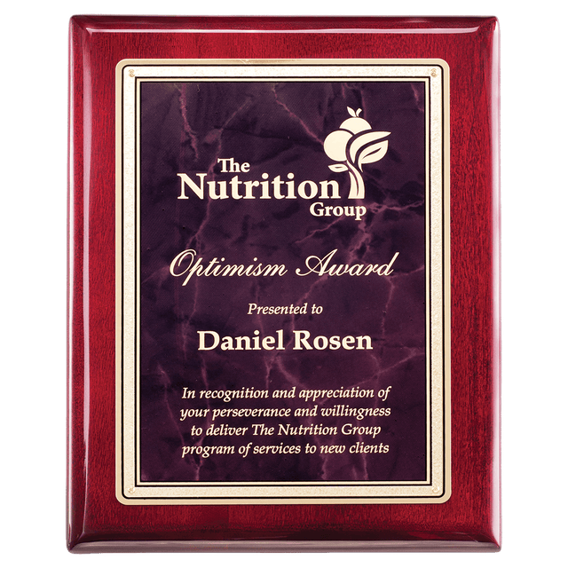 9" x 12" Rosewood Piano Finish Plaque with Ruby Marble/Gold Florentine Design LaserFX Plate