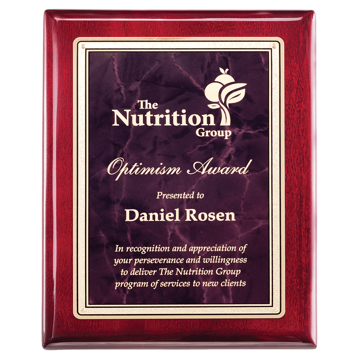 10 1/2" x 13" Rosewood Piano Finish Plaque with Ruby Marble/Gold Florentine Design LaserFX Plate