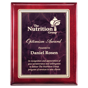 10 1/2" x 13" Rosewood Piano Finish Plaque with Ruby Marble/Gold Florentine Design LaserFX Plate