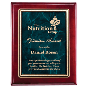 8" x 10" Rosewood Piano Finish Plaque with Emerald Marble/Gold Florentine Design LaserFX Plate