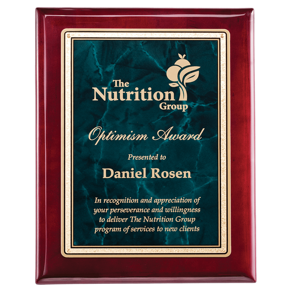 9" x 12" Rosewood Piano Finish Plaque with Emerald Marble/Gold Florentine Design LaserFX Plate