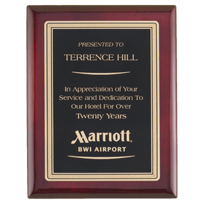 7" x 9" Airflyte Premium Rosewood Piano Finish Plaque with Gold Border Black LaserFX Plate