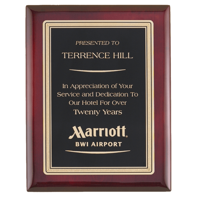 Rosewood Piano Finish Plaque with Gold Border Black Airflyte Premium LaserFX Plate