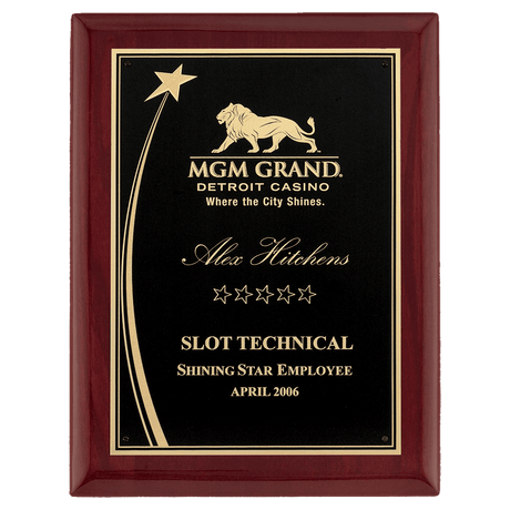 8" x 10 1/2" Airflyte Premium Rosewood Piano Finish Plaque with Shooting Star Accent Engraving Plate