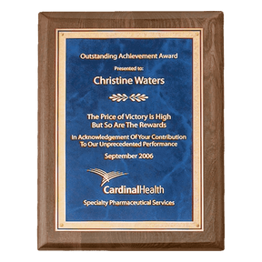 8" x 10 1/2" Airflyte Premium Walnut Piano Finish Plaque with Gold Florentine Border Sapphire Marble LaserFX Plate