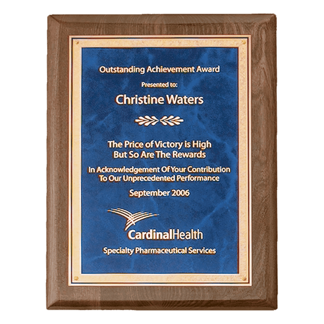 8" x 10 1/2" Airflyte Premium Walnut Piano Finish Plaque with Gold Florentine Border Sapphire Marble LaserFX Plate