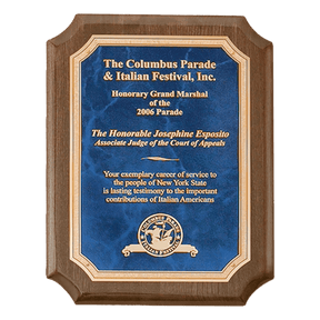 9" x 12" Airflyte Premium Walnut Piano Finish Plaque with Gold Florentine Border Sapphire Marble LaserFX Plate